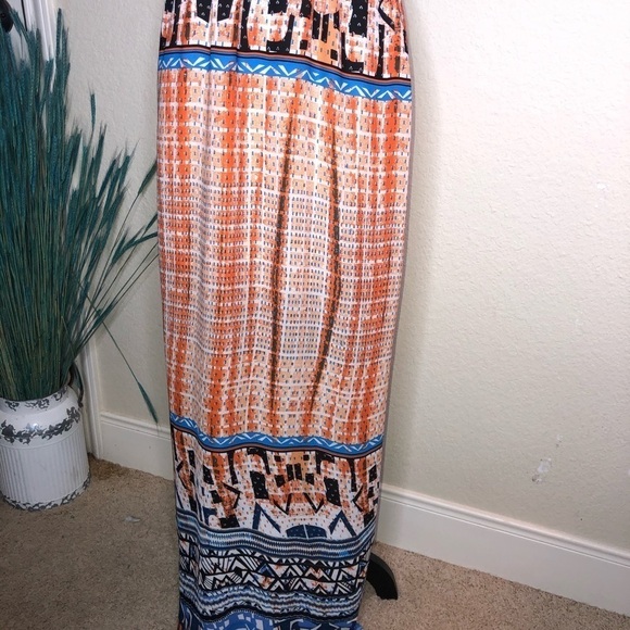 Jealous Tomato Crocheted Halter Back Orange, White & Blue Maxi Dress Size Small - Picture 4 of 8